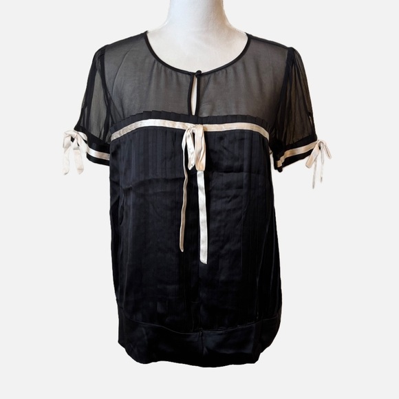 Bebe Y2K Coquette Short Sleeve Silk Blouse Black with Cream Ribbon Detailing - Picture 1 of 14